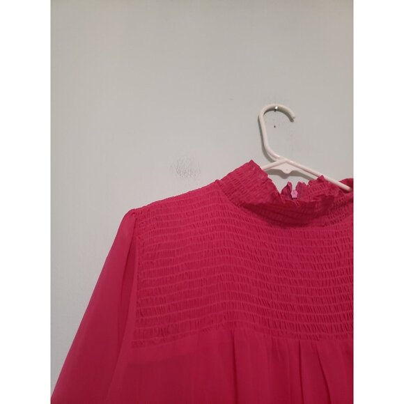 Boohoo Womens 14 Dress Shirred Tiered Detail Smock Bright Pink 3/4 Sleeve NWT - Picture 4 of 6